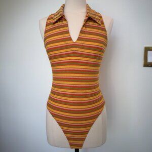 Vintage 70s Striped Collared Halter Bodysuit
